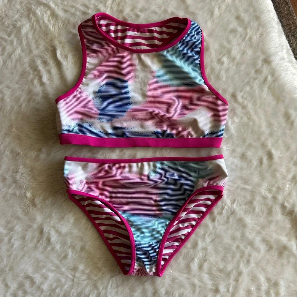 Eddie Bauer Girls 3 Pc Reversible Bikini Swimsuit Rash Guard Set Pink L 14/16